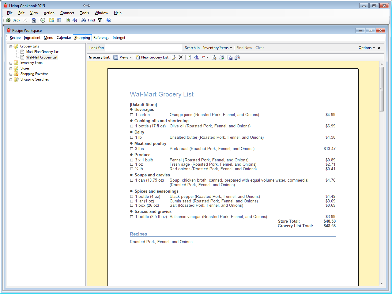 View a grocery list in print layout mode