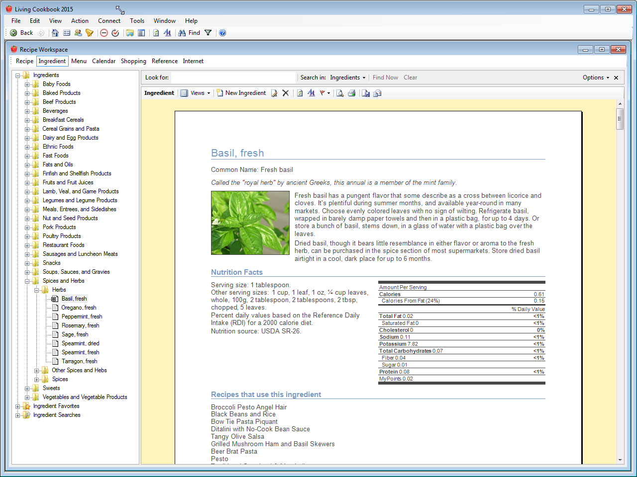 View an ingredient in print layout mode